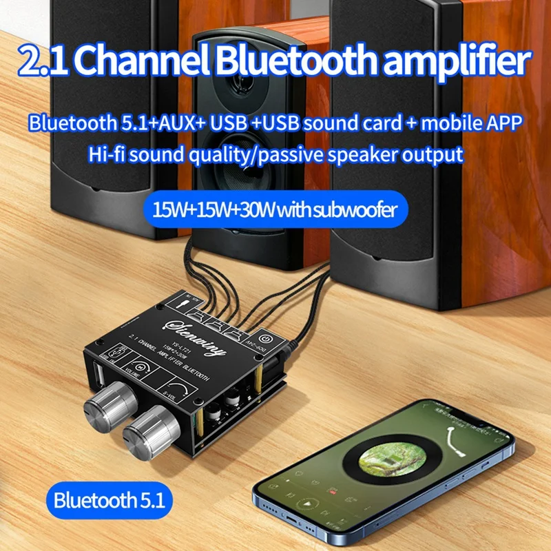 YS-LT21 2.1 Channel Bluetooth Amplifier Board 15W+15W+30W With Subwoofer Knob Adjusting Encoder Audio Module DC9-24V