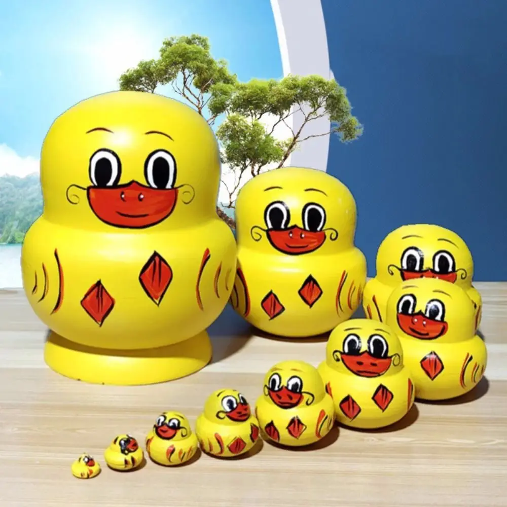 Ornament 10 Layer Nesting Dolls Wooden Yellow Duck Matryoshka Doll Toys Handmade Cartoon Stacking Dolls Decor Crafts
