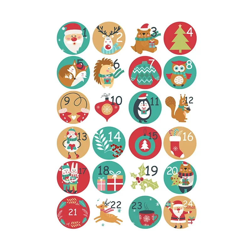 24 Pc/Sheet Cookie Candy Seal Stickers DIY Gift Packaging Labels Xmas Decor Merry Christmas Advent Calendar Number Paper Sticker