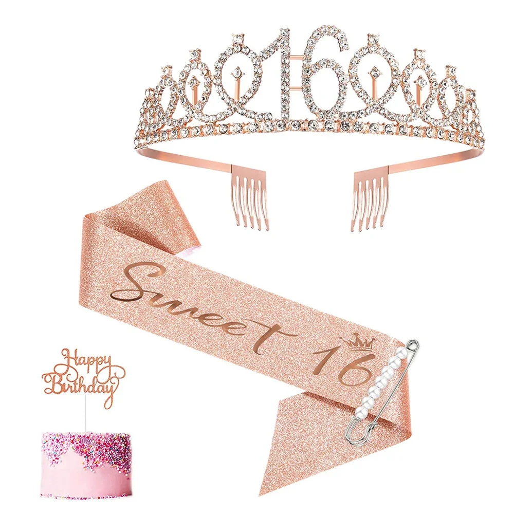 

Rose Gold Sweet 16 Birthday Sash and Tiara Crown Set for Girls Happy 16th Birthday Party Decoration Supplies Favor Gifts