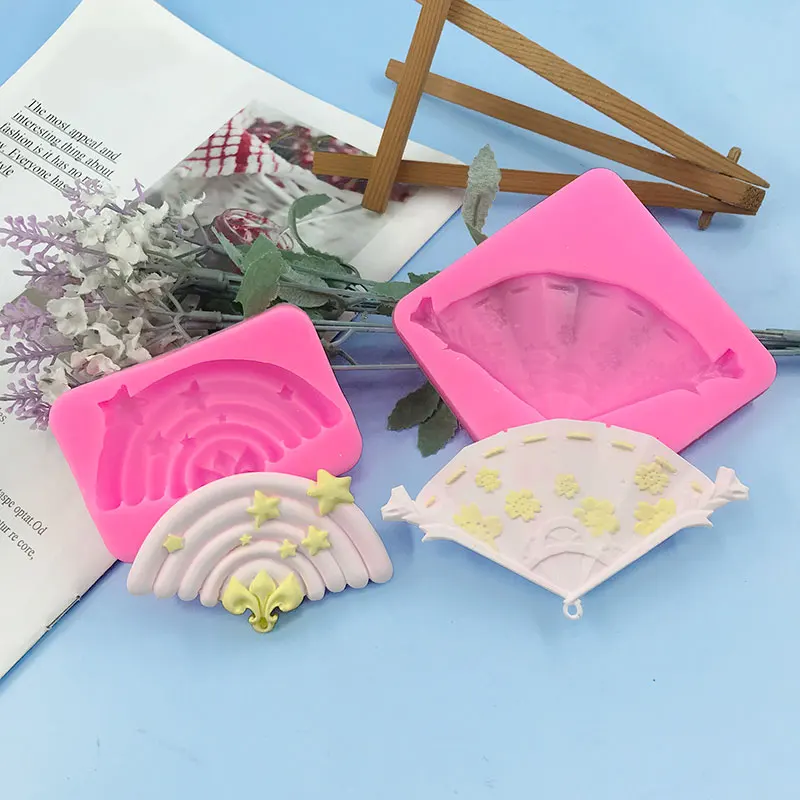 

Cartoon Rainbow Star Fan Retro Small Flower Folding Fan Silicone Mold Hand diy Fan Clay Drip Mold Cupcake DIY Clay Resin Art