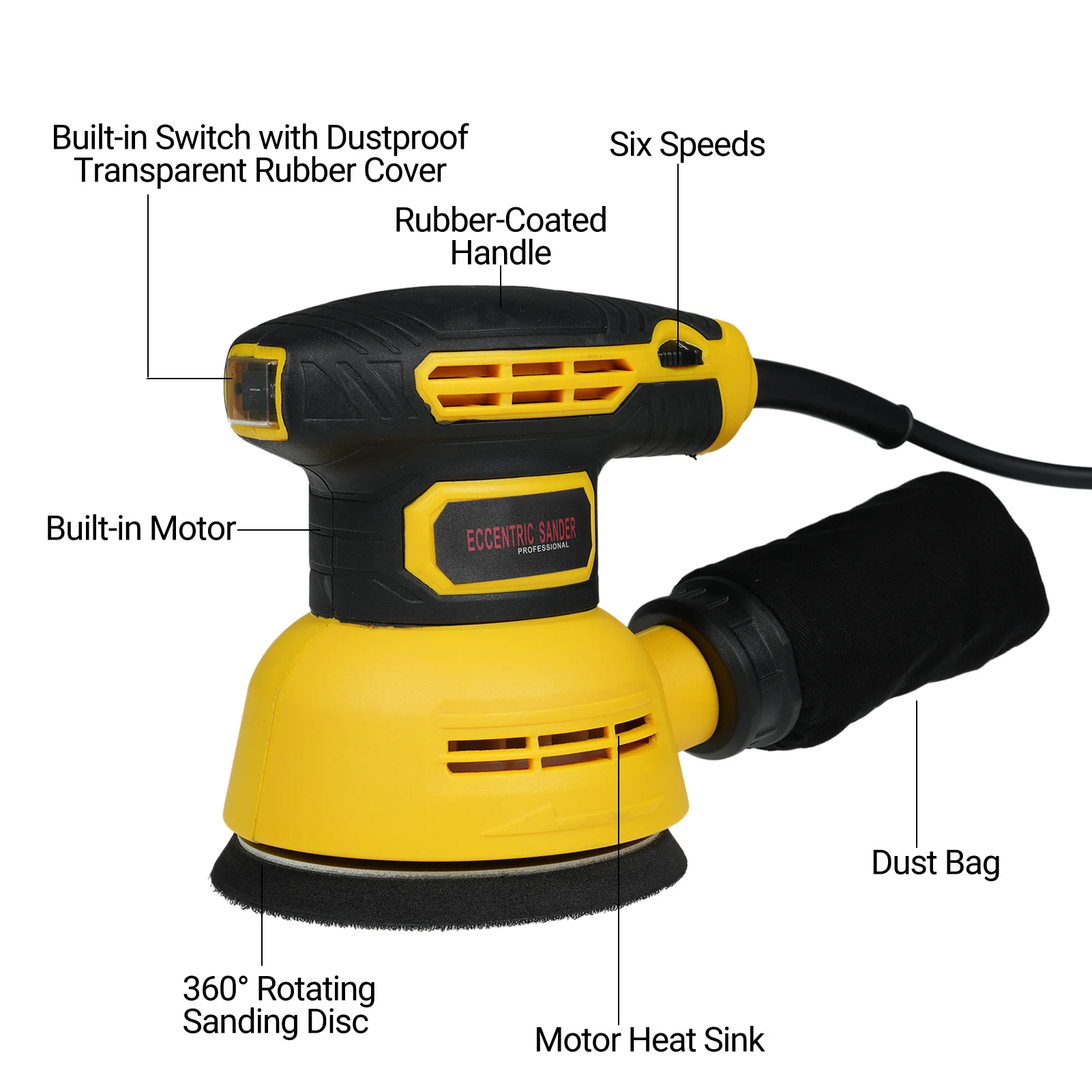 5Inch 300W Random Orbital Sander 12000RPM 6Variable Speed Sander Machine High Performance Dust Collection System for Woodworking 2