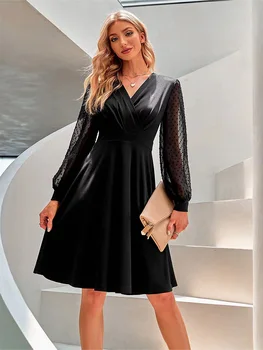 Elegante mini abito trasparente a maniche lunghe con scollo a V Abiti neri da donna Abiti da festa primavera autunno 1