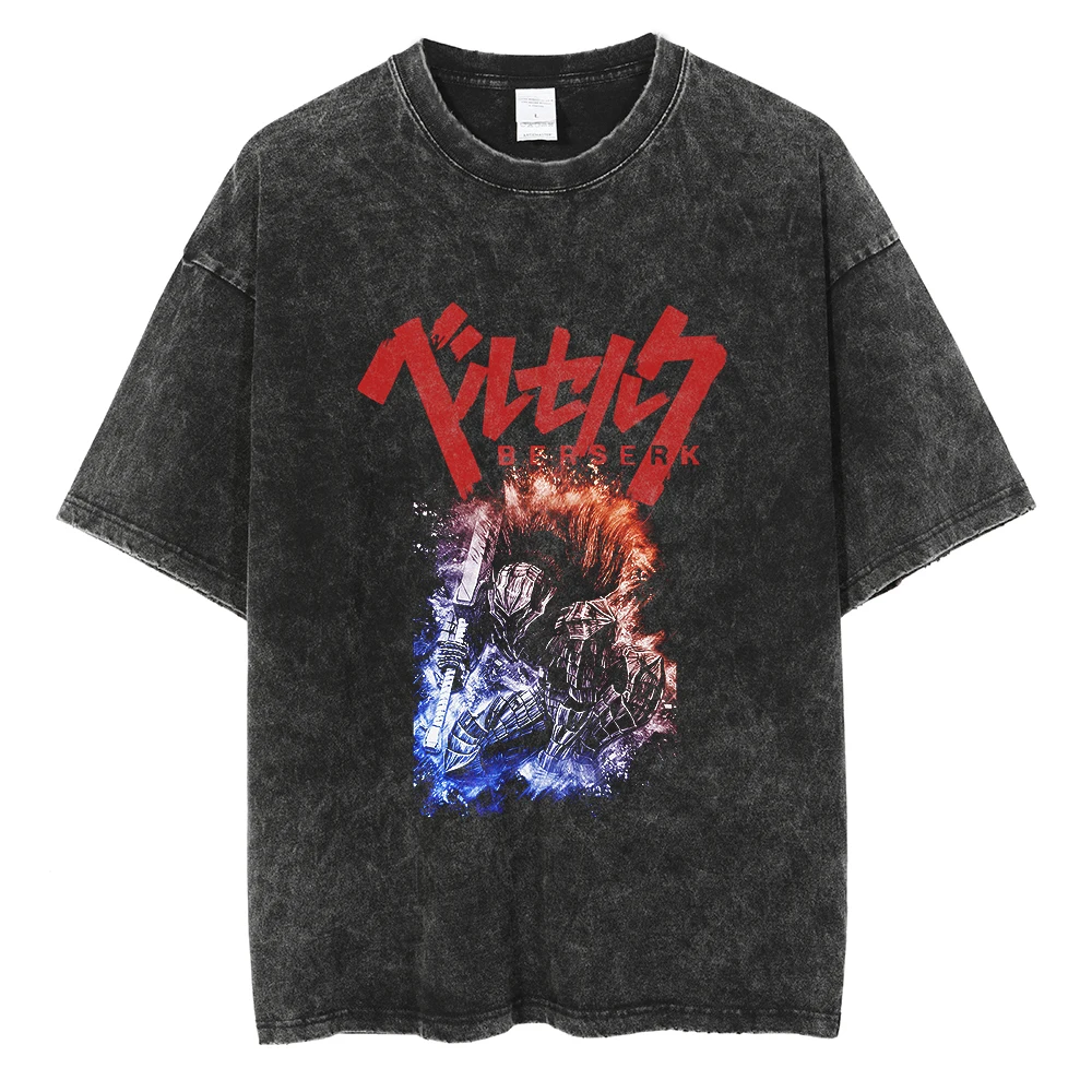 

Hip Hop Men Streetwear T Shirt Cartoon Japanese Berserk T-Shirt Harajuku Anime Loose Tshirt Short Sleeve Cotton Tops Tees Black