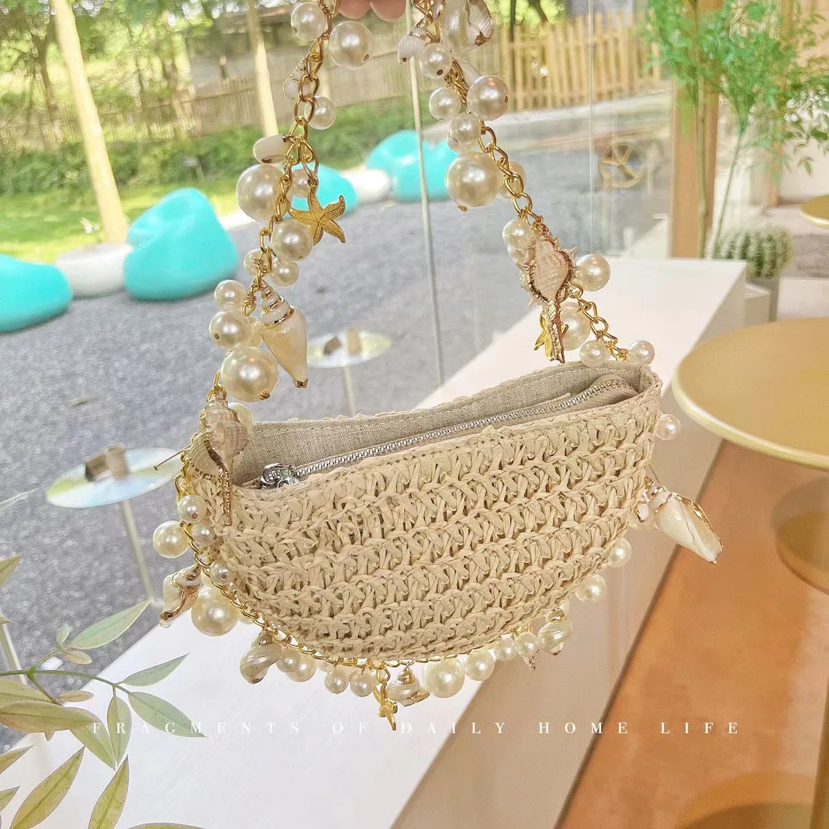 Bohemian Pearls Straw Bag Conch Starfish Women Handbags Half Moon Beach Shoulder Bag Designer Rattan Crossbody Bags Ladies Tote