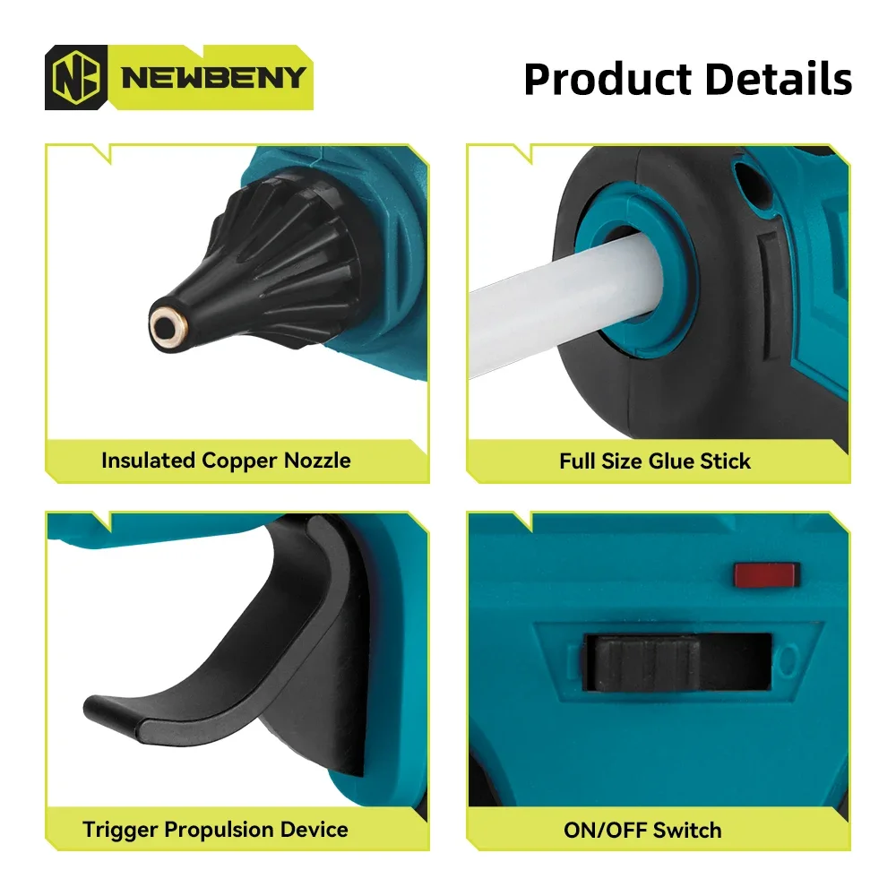 NEWBENY 280°C Cordless Hot Melt Glue Gun Portable Rechargeable with 10pcs 11mm Glue Sticks DIY Repair Tool For Makita 18VBattery 5