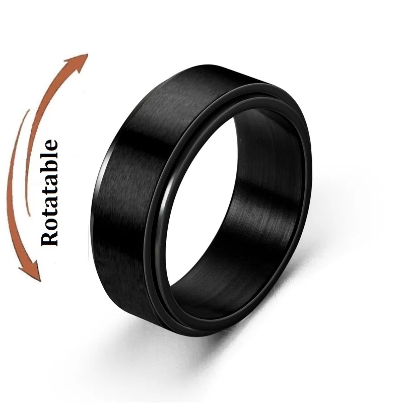 Fashion 8mm Men's Black Anti Stress Anxiety Relife Spinning Ring Frosted Stainless Steel Spinner Rings Boyfriend Valentine Gifts