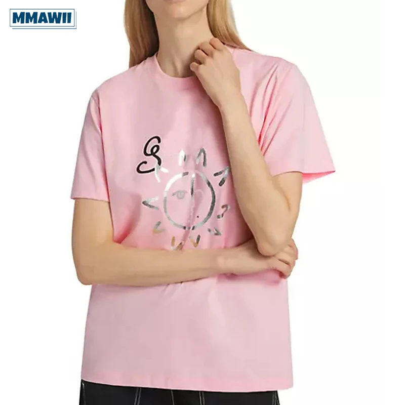 

Повседневная футболка MMAWII с коротким рукавом и принтом солнца, Новинка лета 2024, модная женская футболка с круглым вырезом и принтом серебряного цвета, Топ