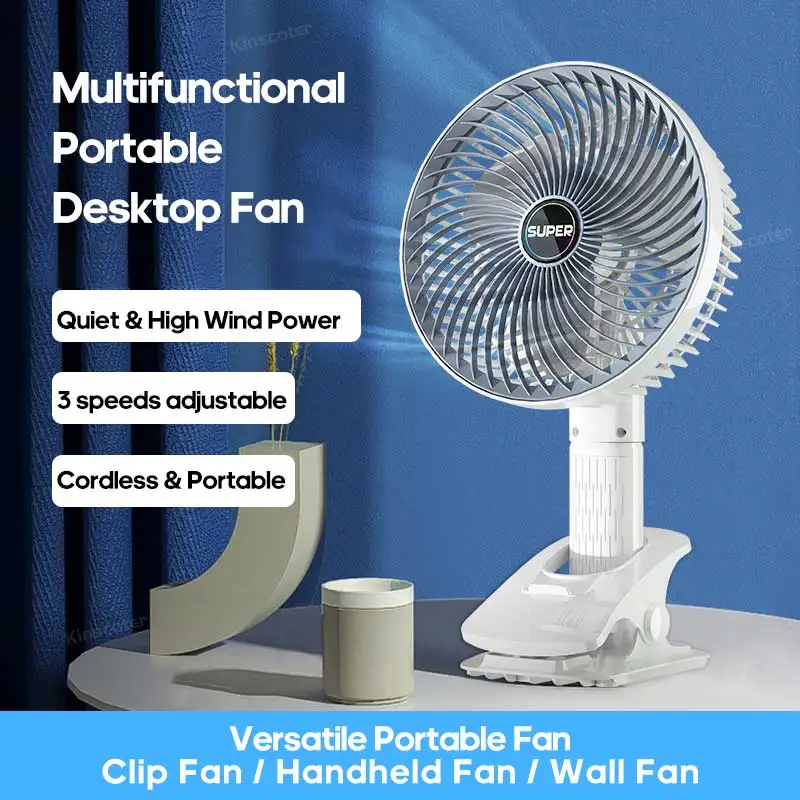 

Portable Desktop Fan with Clip Cordless Rechargeable 1200mAh Fan Ventilator Cooler Multifunction Handheld Fan 3 Speed