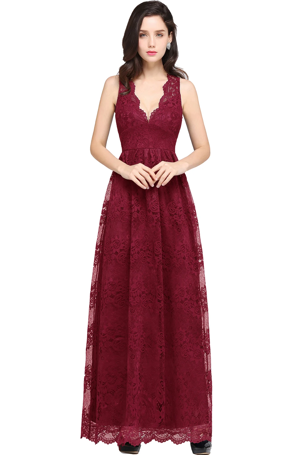 Vestidos largos de chiffon con encaje en escote en V profundo y espalda descubierta Marrón