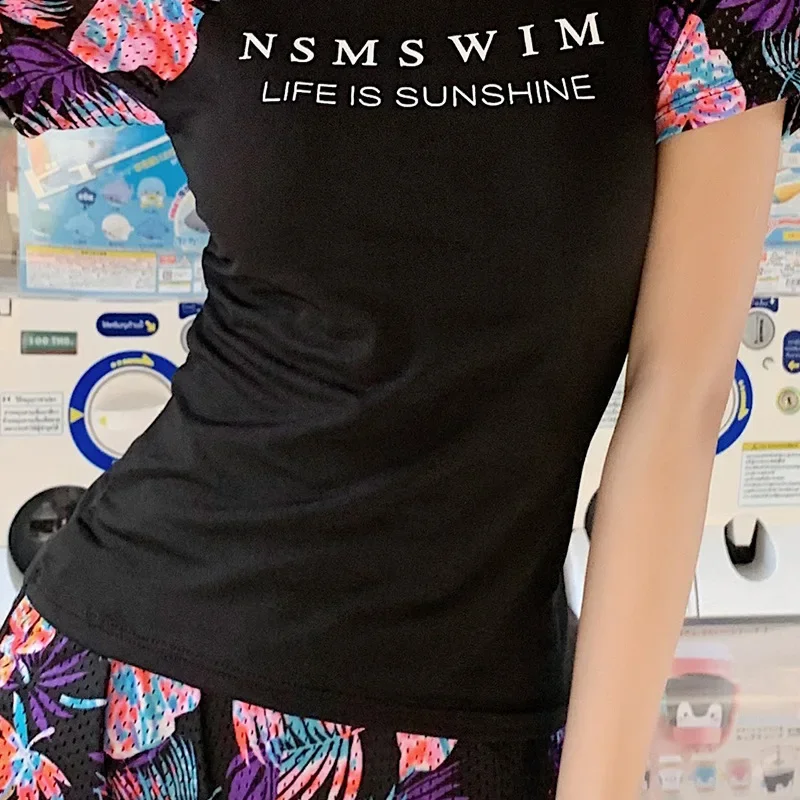 Women's Short-Sleeve Belly-Covering Swimsuit, Skirt-style, Thin, Sports Suit, Korean Ins, Teenage Girl, Hot Spring Swimwear,