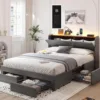 Queen Bed Frame with Storage Headboard & 4 Drawers, Upholstered Bed with LED Lights & Charging Station, Solid Wood Slats Support 1