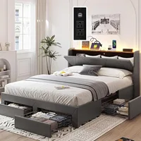 Queen Bed Frame with Storage Headboard & 4 Drawers, Upholstered Bed with LED Lights & Charging Station, Solid Wood Slats Support 1