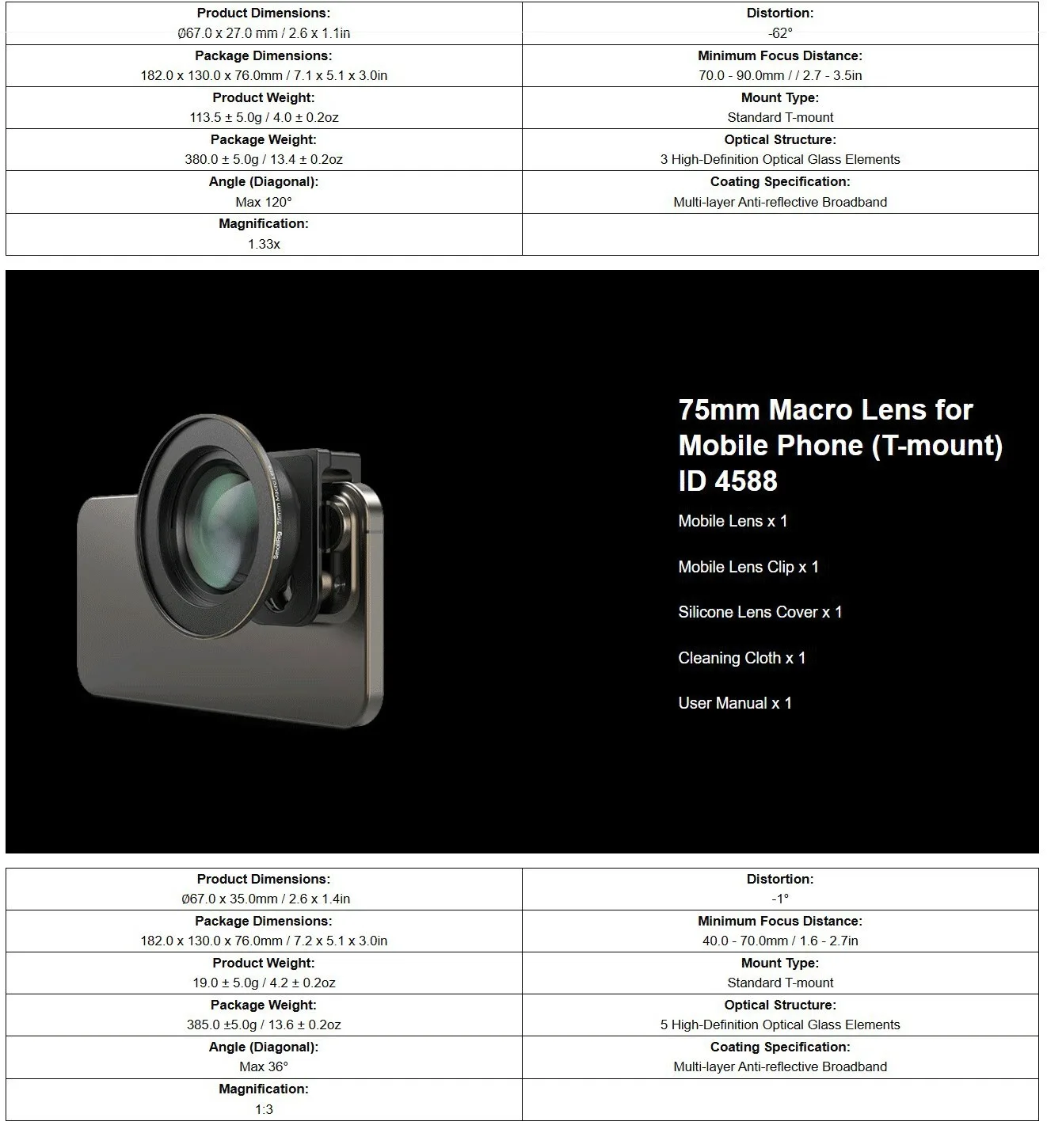 1.33x 1.55x Anamorphic Lens and 75mm Macro Lens for Mobile Phone (T-mount) Filmm