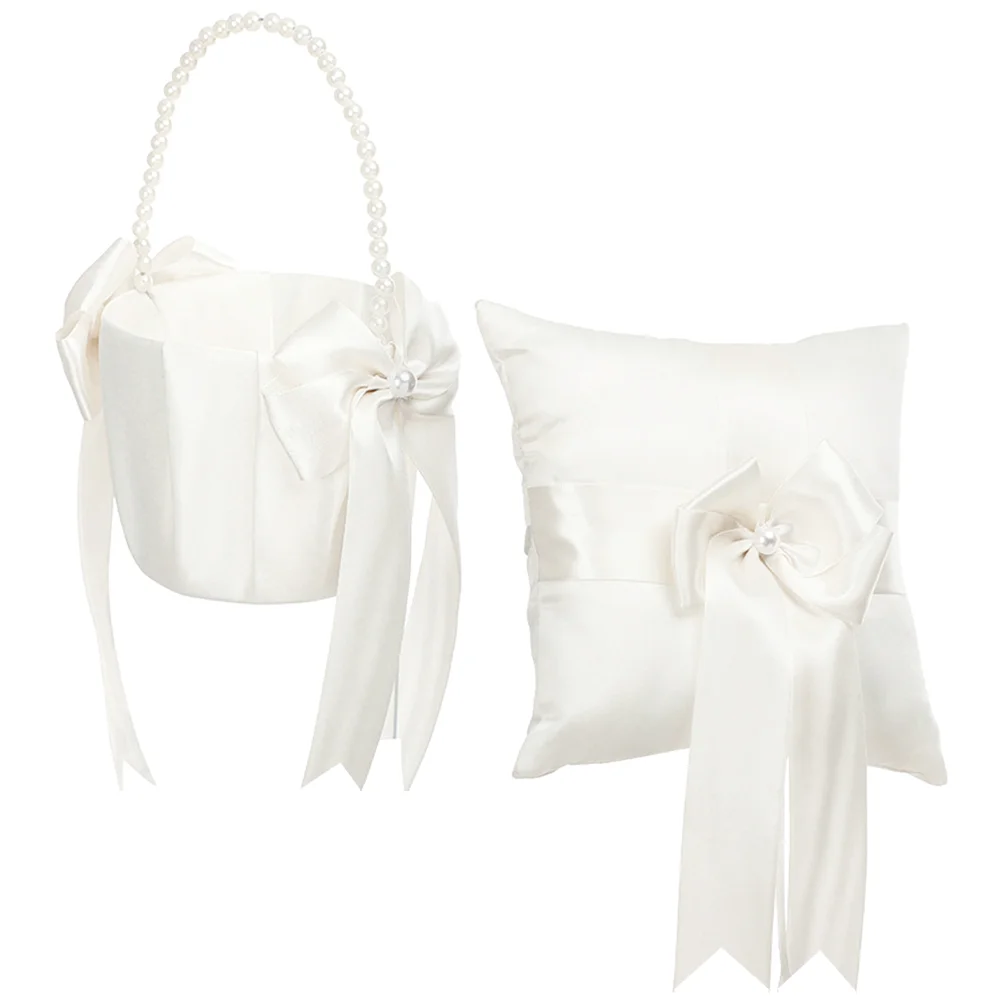 

1 Set Wedding Ring Pillow and Wedding Flower Basket Pearl Inlaid Petal Basket