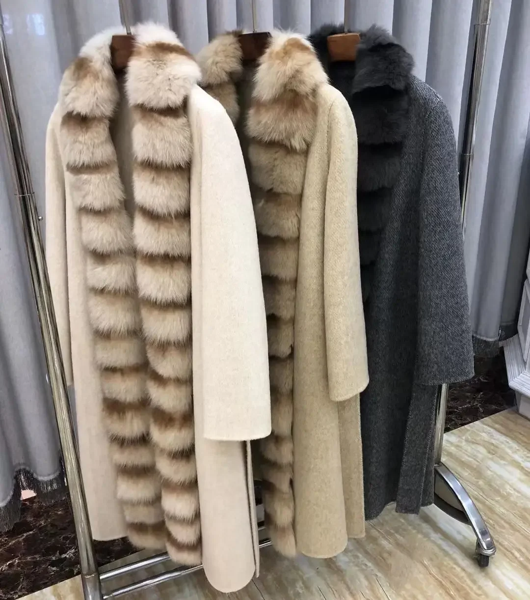 

Russian Style Vintage Striped Genuine Fox Fur Collar Long Wool Coat For Lady Streetwear Women's Luxury Belted Fur Trench Coats