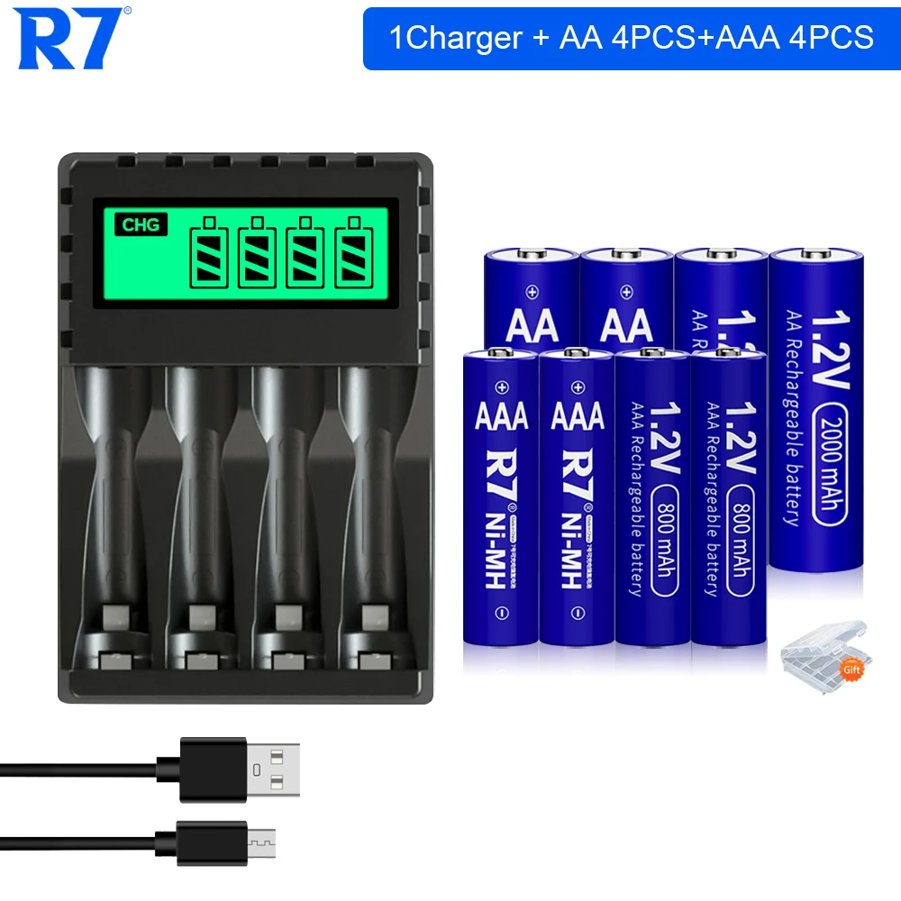 

R7 Brand 1.2V AA Rechargeable Battery 2000mAh+AAA 1.2V Battery 800mAh Ni-MH AA AAA Rechargeable Battery with 4-Slot LCD Charger