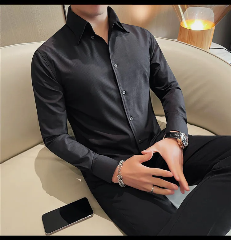 Description Picture 4 of itemClassical Solid Color Long Sleeve Shirts Men Slim Fit Casual Business Formal Shirt Social Office Streetwear Tuxedo Blouse M-3xl