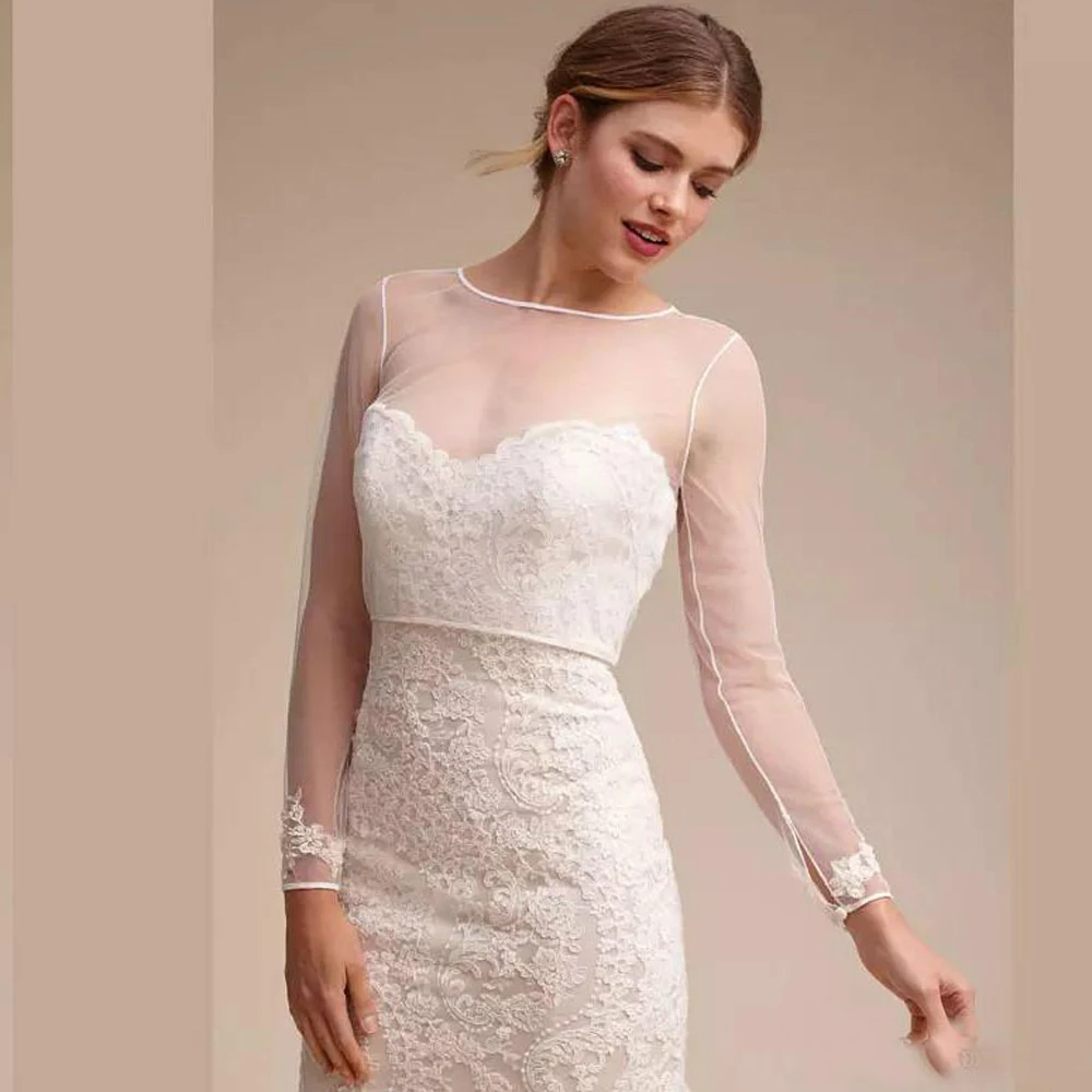 

Scoop Neck Long Sleeve Wedding Bolero Appliques Custom Made Sheer Wedding Wraps Coat Buttons Back Bridal Jacket