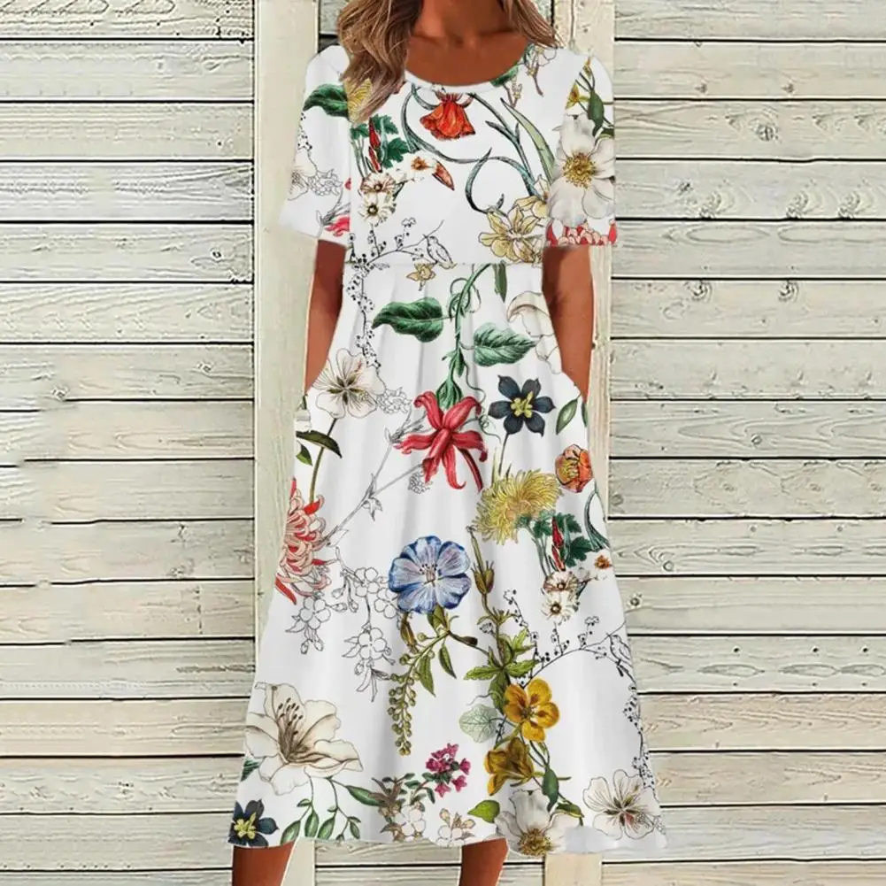 

Fashion Floral High Waist Chic Dress For Women O Neck Flower Printing Women Midi Dress A Line Long Dress Casual Beach Dresses