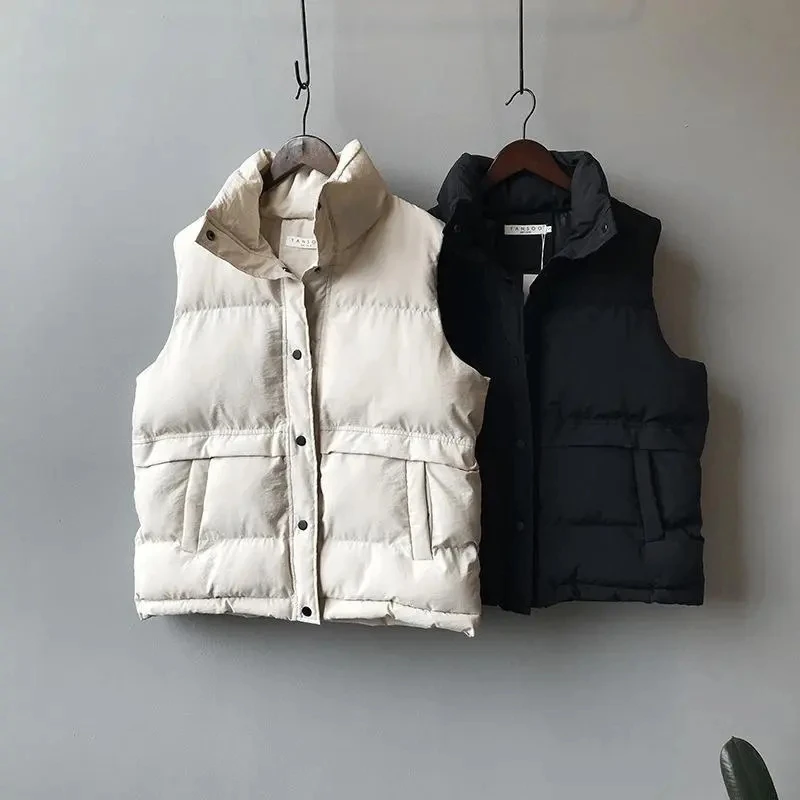 New Women Casual Loose Down Cotton Vests Winter Parkas Warm Padded Coat Oversize Waistcoat Fashion Stand Collar Sleeveless Coat