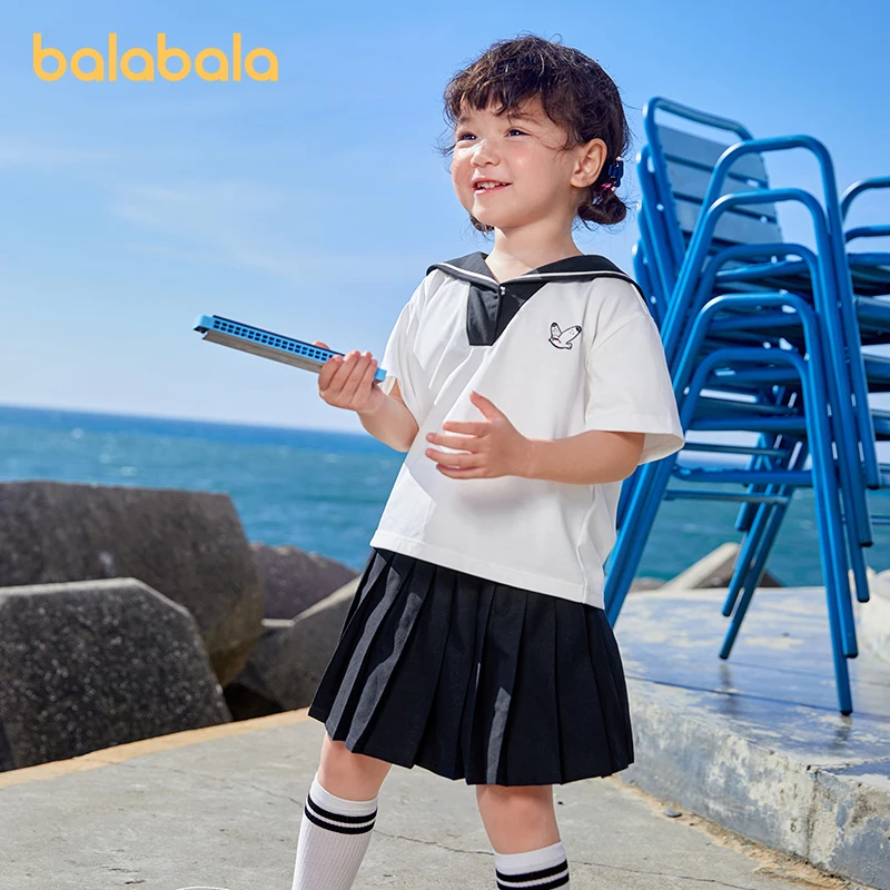 

Balabala Toddler Girl Short-Sleeved Suit Summer Dress 2023 New Navy Collar Quick-Drying Short-Sleeved Skirt Two-Piece Set