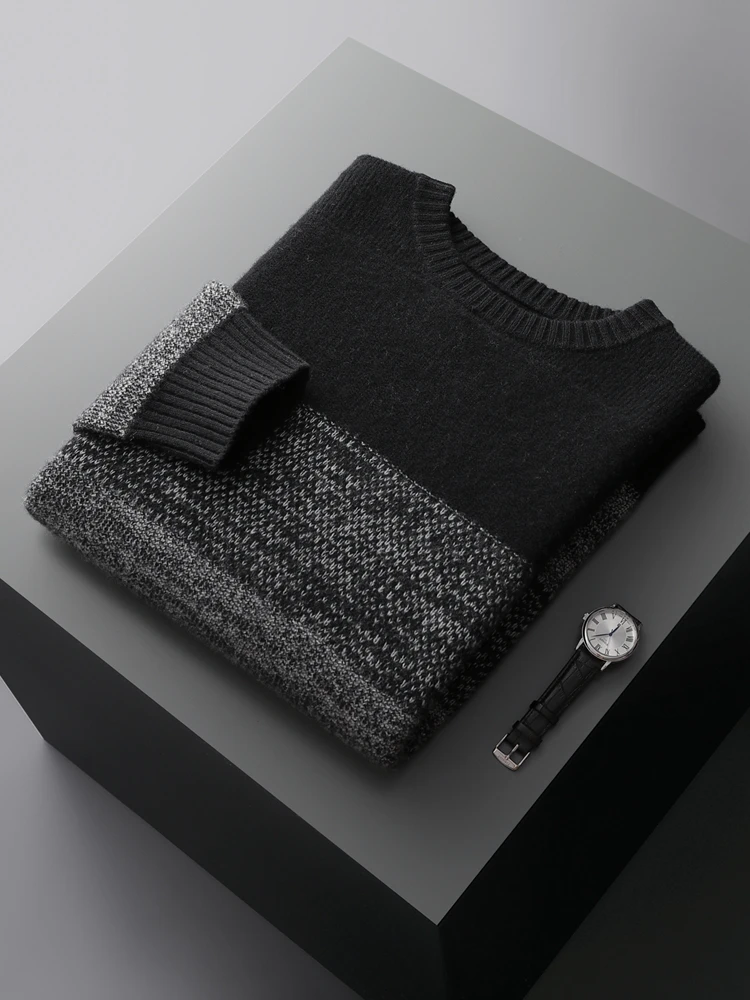 ADDONEE Autumn Winter Men Cashmere Sweater Smart Casual O-neck Pullover Thick Soft Warm Clothing 100% Merino Wool Knitwear Tops 2