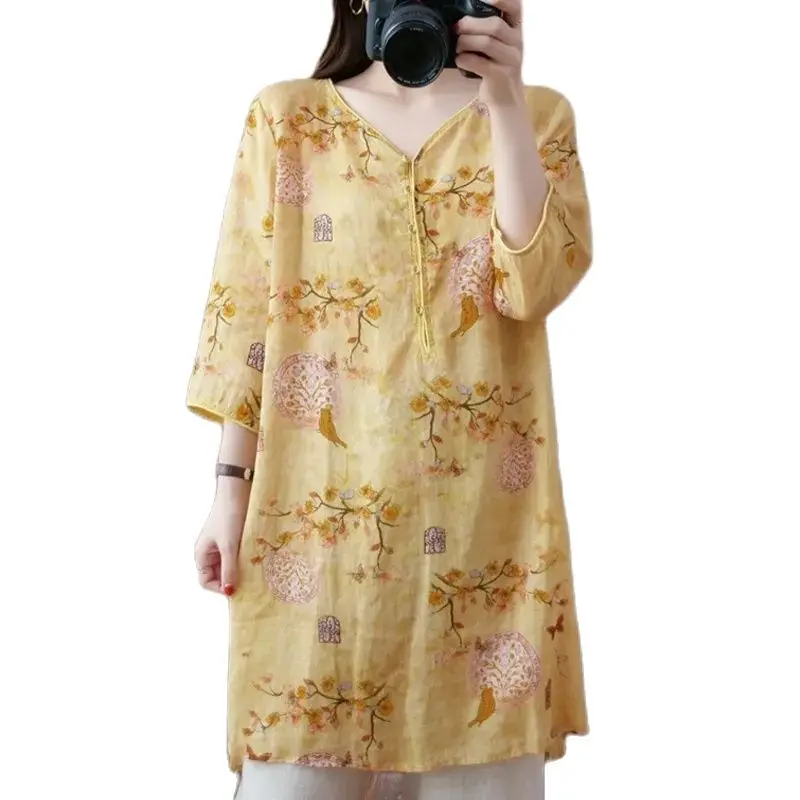 Cotton Linen Ethnic Women'S Clothing 2022 Summer New Retro Medium Long Three-Quarter Sleeve T-Shirt Chinese Style Linen Shirt W5