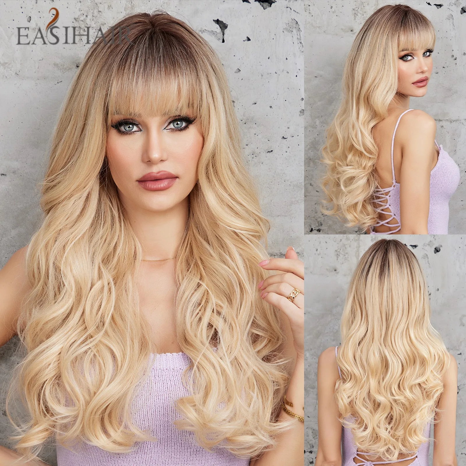 

EASIHAIR Blonde Ombre Long Water Wave Synthetic Wigs Natural Hair Wig for Women With Bangs Cosplay Daily Wigs Heat Resistant