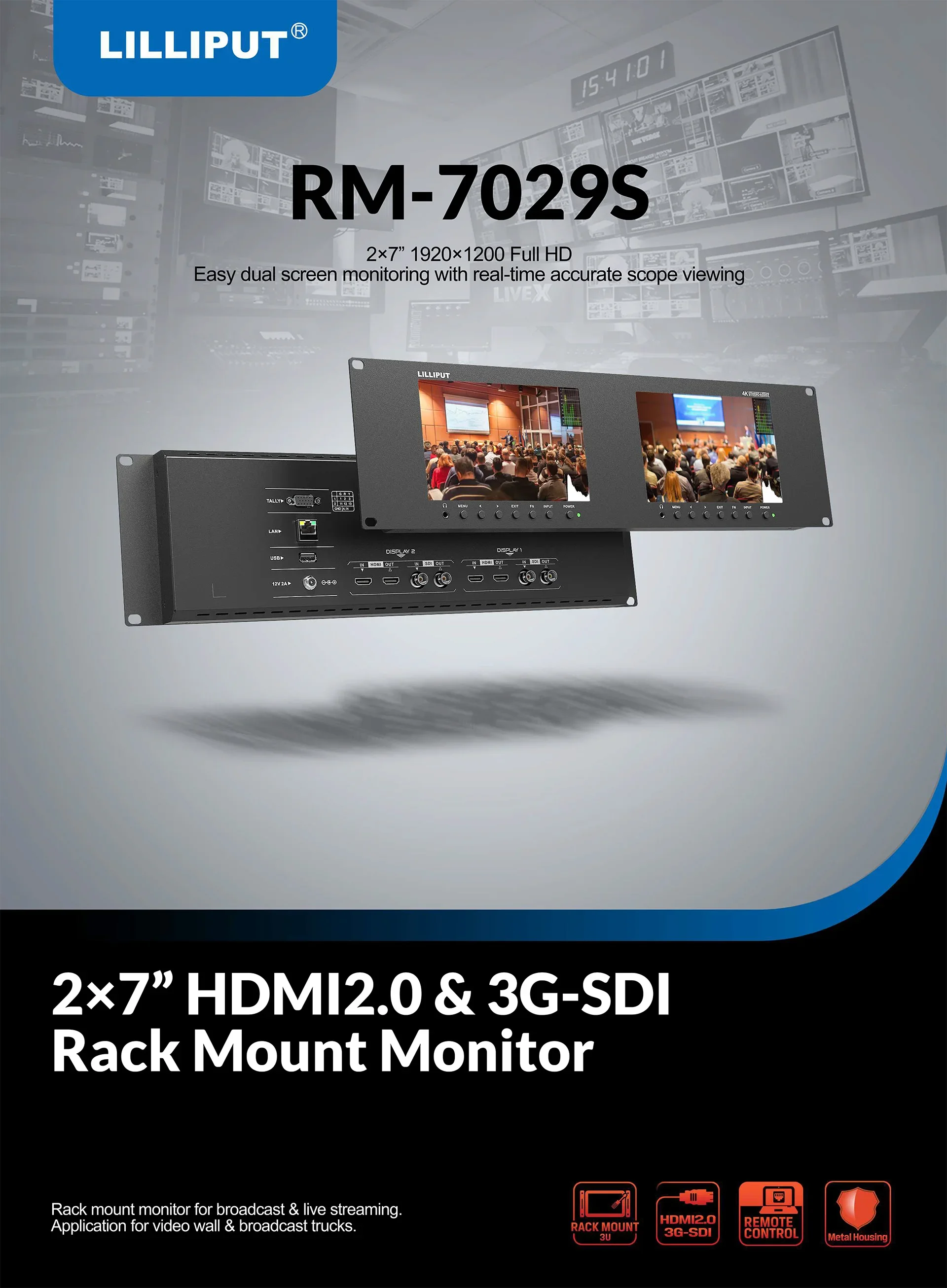 TV 방송 장비 듀얼 7인치 3RU 랙 마운트 3G-SDI 4K HDMI 2.0 LAN 오디오 모니터 방송 및 라이브 스트리밍용