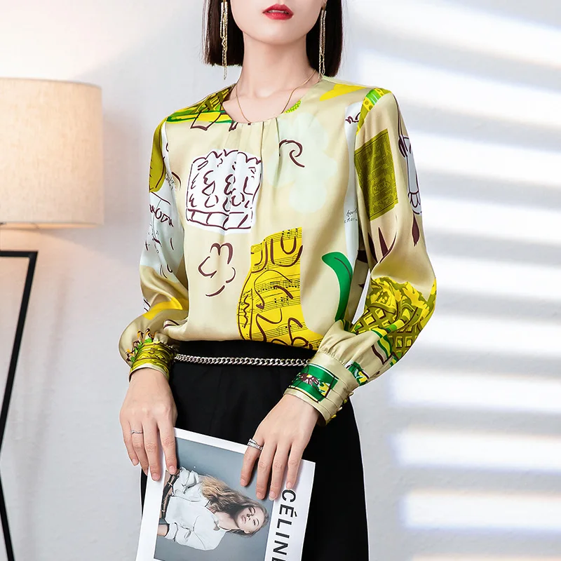 

Women's Blouses Tops Silk Floral Printed Office Formal Casual Shirts Plus Large Size Spring Summer Sexy Heavy Mulberry Flower