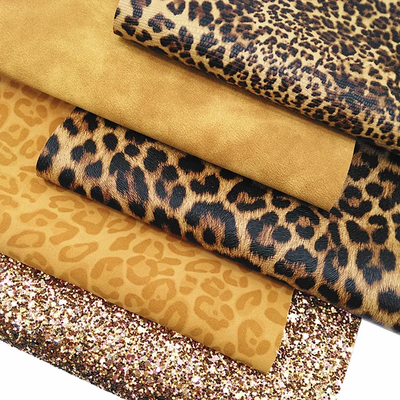 Gold Glitter Leather Sheets Leopard Custom Synthetic Leather Sheets Leopard Suede Faux Leather Fabric For DIY 21x29CM Y328