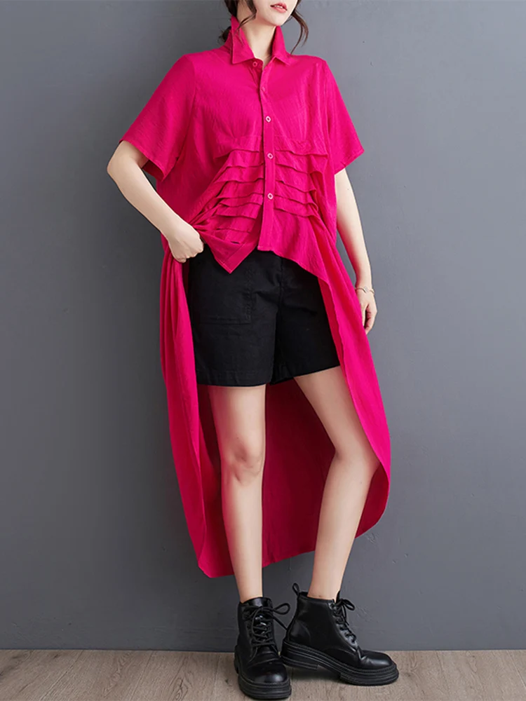 2025 Spring Summer New Red Vintage Irregular Shirt Dresses For Women Short Sleeve Loose Casual Dress Elegant Fashion Clothing