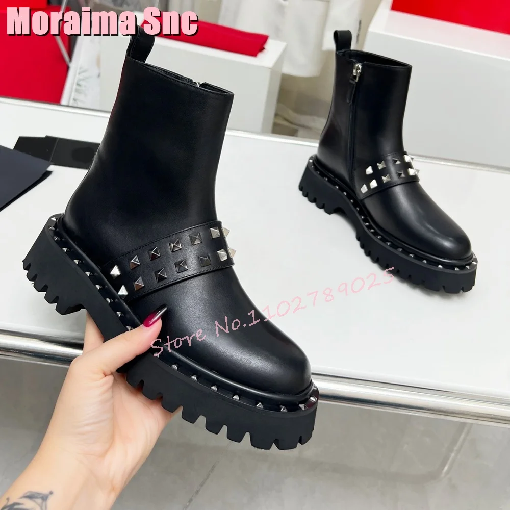 

2023 New Black Rivets Genuine Leather Chelsea Boots Side Zipper Round Toe Block Mid Heel Women Ankle Boots Concise Style Fashion