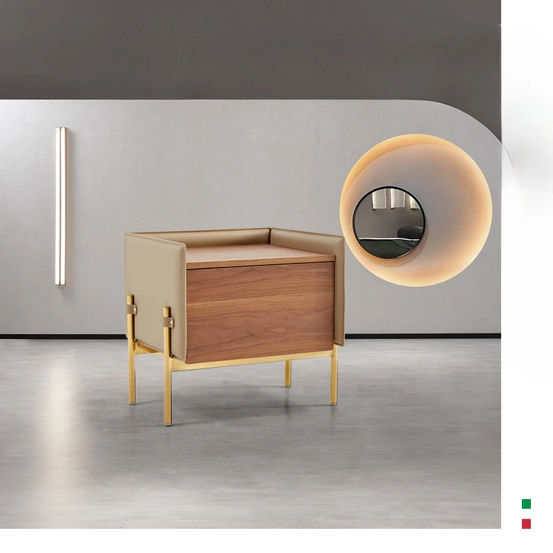 

Bedside table, simple, modern, luxurious, and minimalist. Bedroom saddle storage cabinet with genuine leather