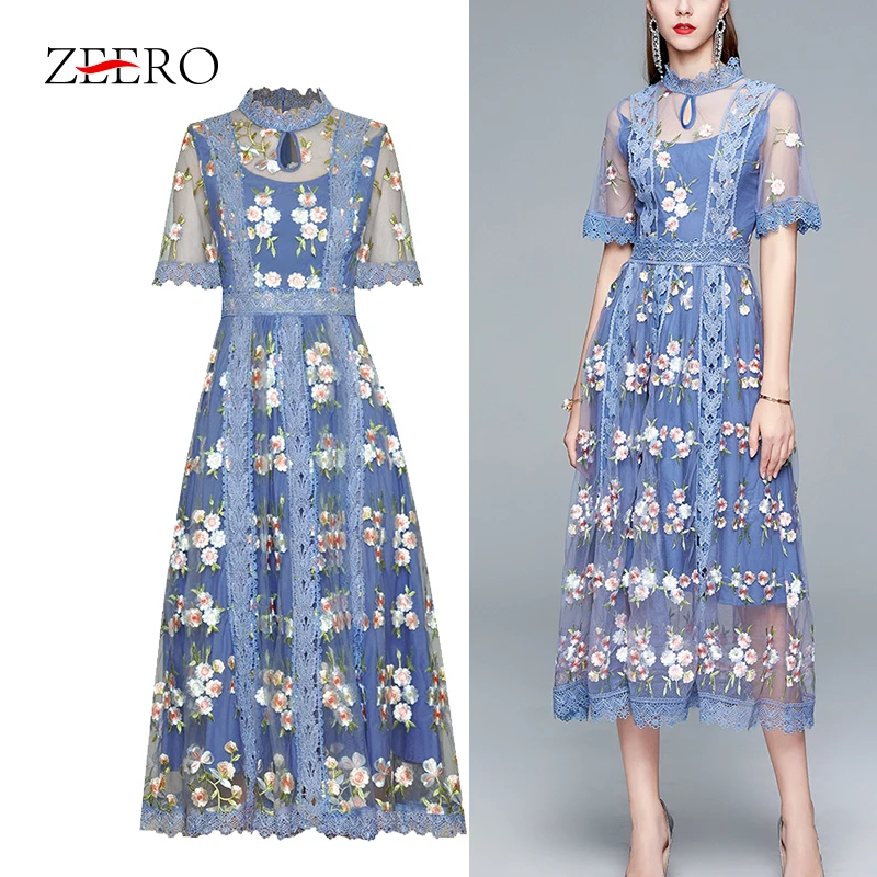 

Summer Runway Women Floral Embroidery Mesh Patchwork Lace Dress High Waist Stand Collar Flare Sleeve Long Party Dress Vestidos