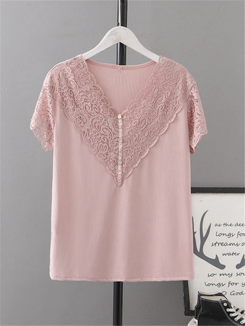Plus Size Women's Clothing Short-Sleeved T-Shirt V-Neck With Lace Appliqué  At Neckline Pit-Stripe Knit Stretchy Solid Colour Top - AliExpress