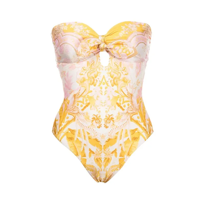 2023 New Strapless Backless Printed One-Piece Swimsuit Set for Women Vintage Bikini Bandeau Swimwear And Cover Up Beachwear