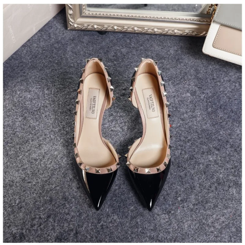 2023 Summer Lacquer Leather Riveted High Heel Shoes Design Sense Celebrity Single Shoe Thin Pumps French Pointed Sandals Female