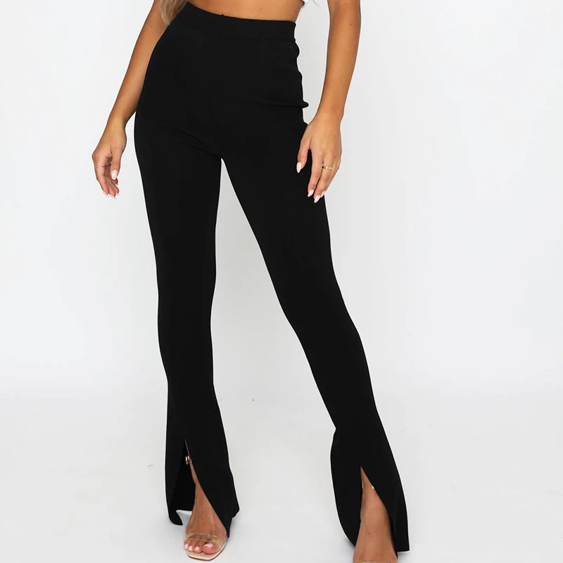 Women's Flare Pants Bodycon High Waist Female Front Slit Long Pant