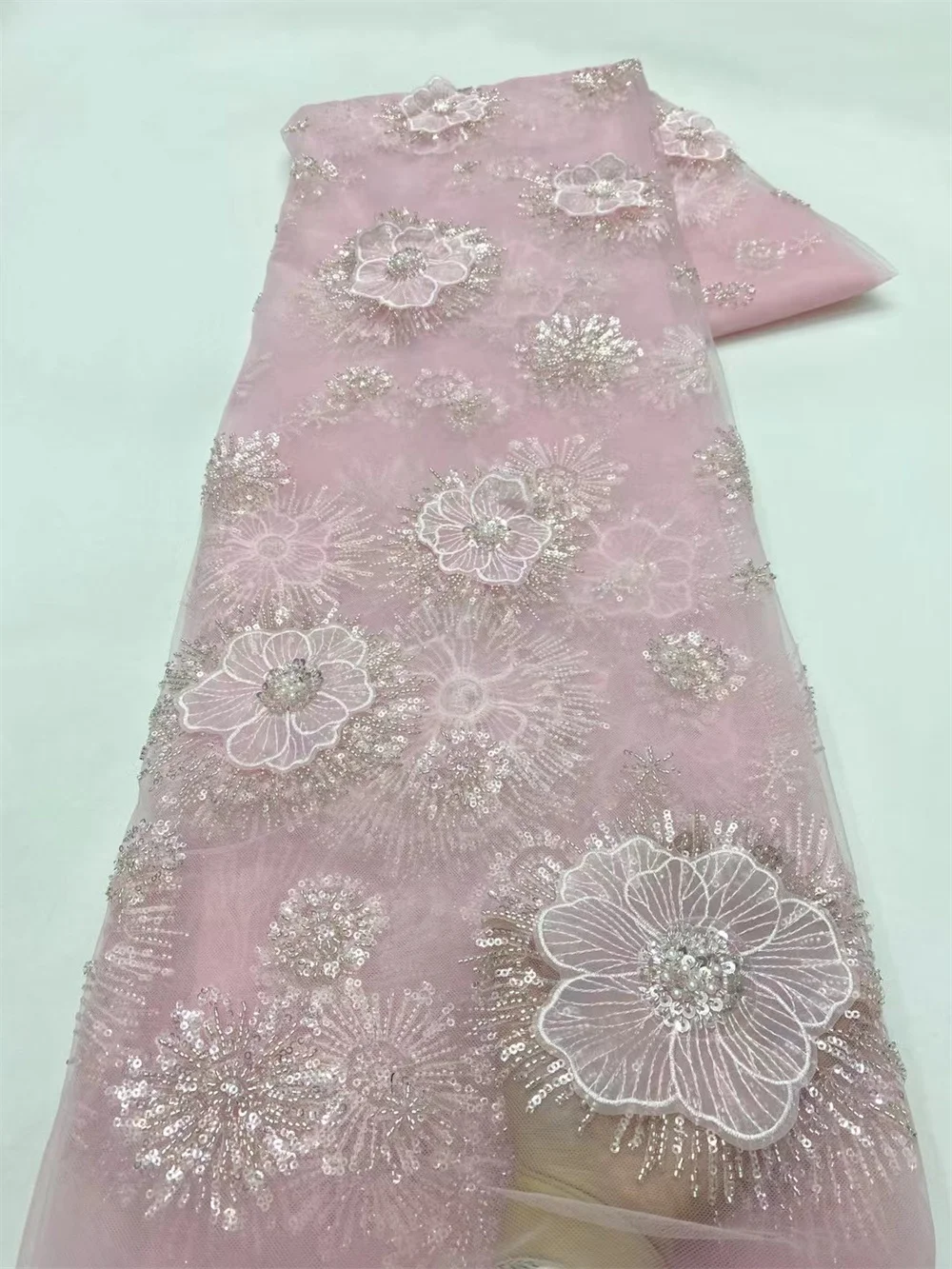 

2024 African Nigerian Latest High Quality Beaded Lace Fabric With Sequins Tulle Sewing Pink 3D Tulle Embroidery Dresses Wp479-1