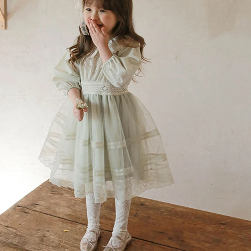 Light Green Pink Dresses For Girls Spring Summer 2022 Baby Girl Sweet Party Dress Lace Children Mesh Dress Teens Kids Clothes boutique baby dresses