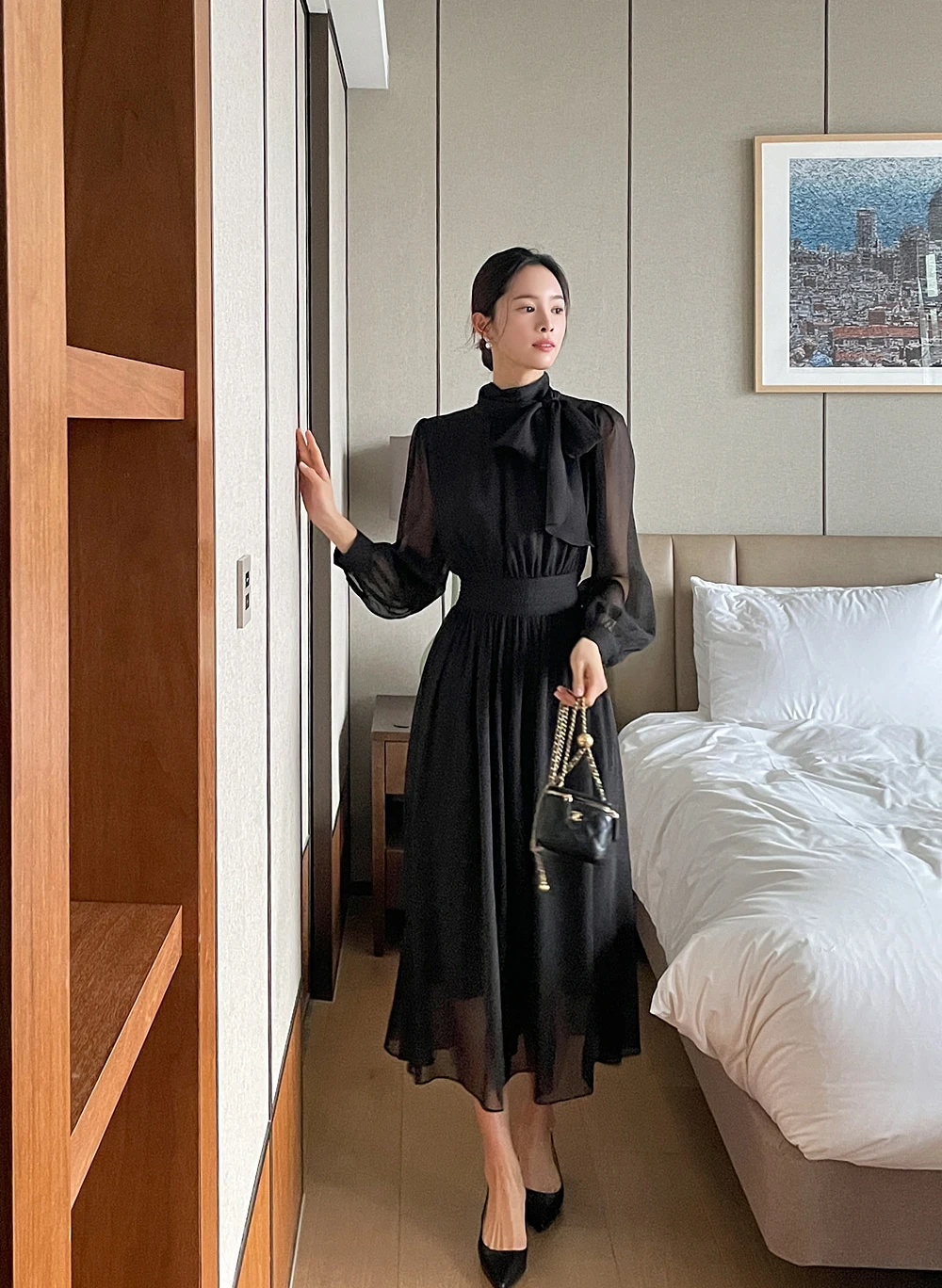 Elegant Midi Dresses for Women Long Sleeves Half High Collar Lace-up A-line Korean Fashion Autumn New One Piece Vestido Mujer