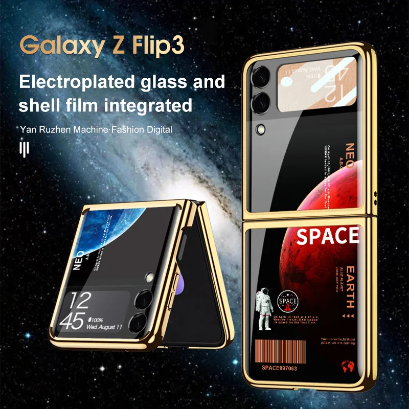 

Case for Samsung ZFlip3 Electroplated Painted Case Planet Shell Membrane Integrated Glass Painted Folding Phone Protective Cover