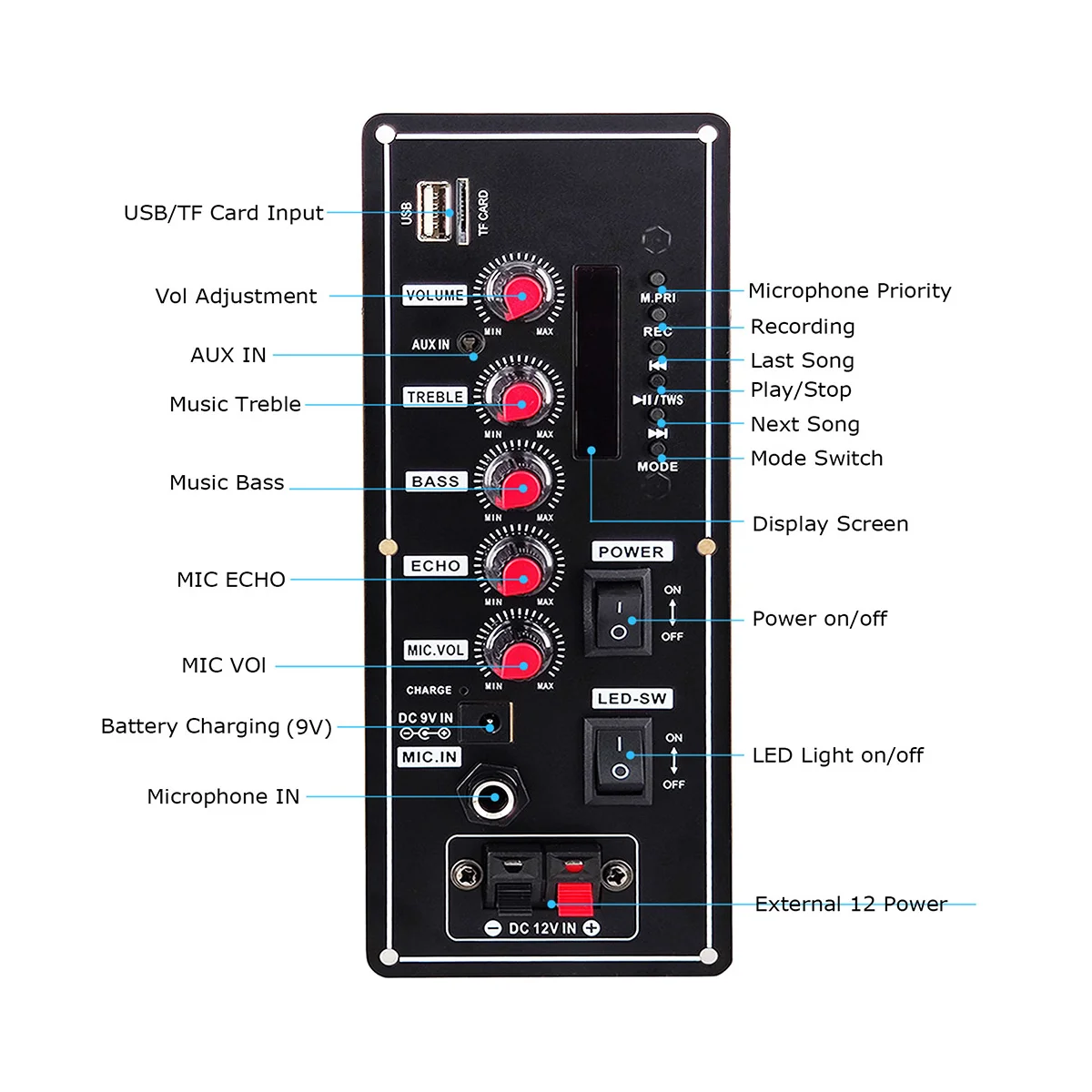 7.4V 앰프 보드 스퀘어 댄스 스피커 앰프 지지대, 블루투스 AUX U 디스크, 5-8 인치 스피커, DIY 홈 시어터, 2x10W