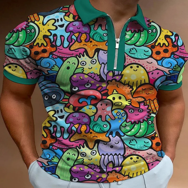 

Cute Sea animals 3D Print Polo Zipper Short Sleeve Shirt for Men