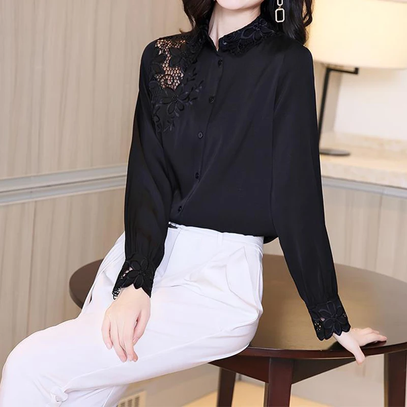 여성용 캐주얼 턴다운 칼라 블라우스, 자수 할로우 아웃 가디건 셔츠, 여성용 쉬폰 상의, 봄 가을 패션