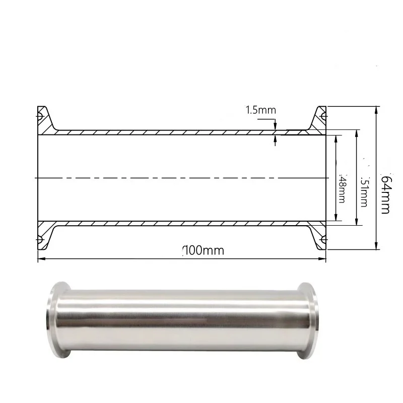 2"(51mm)OD64mm L=100mm Clamp Sanitary Straight Pipe with Clamp Ends, Spool Tube Ferrule Stainless Steel 304 Pipe Fittings
