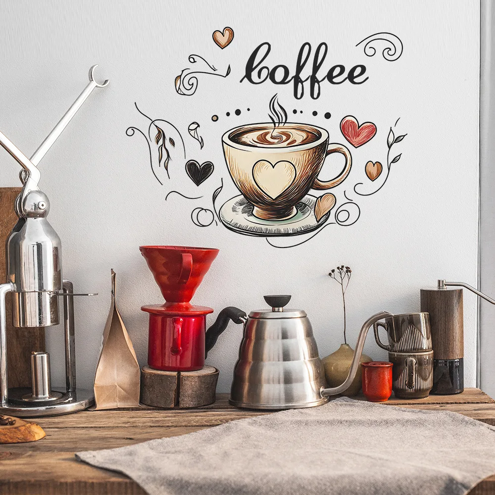 Wall Stickers Creative Love Coffee Cup Wall Stickers For Cafe Background Decoration Wallpaper Kitchen Beautify Home Decor Self-adhesive Decals