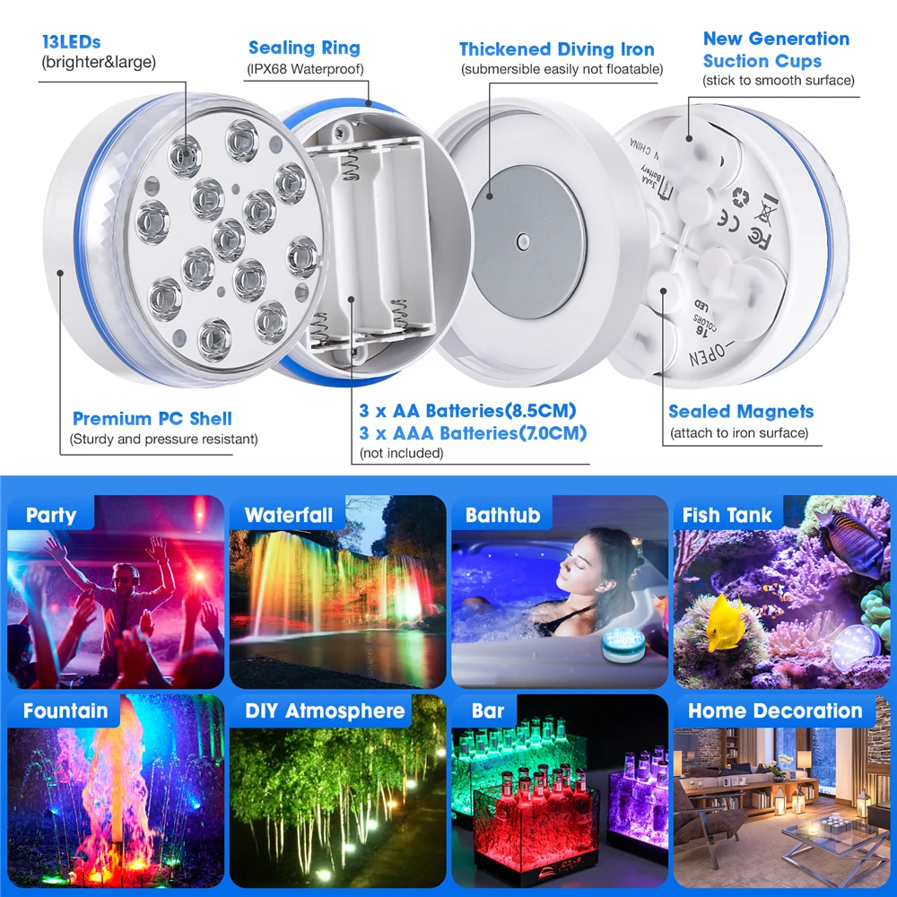 Aktualizovaná ponorná LED světel s daleký podvodní kaluž lehký IP68 magnetem 13 LED nepopsaný lampa RGB pro pond/pool/aquarium